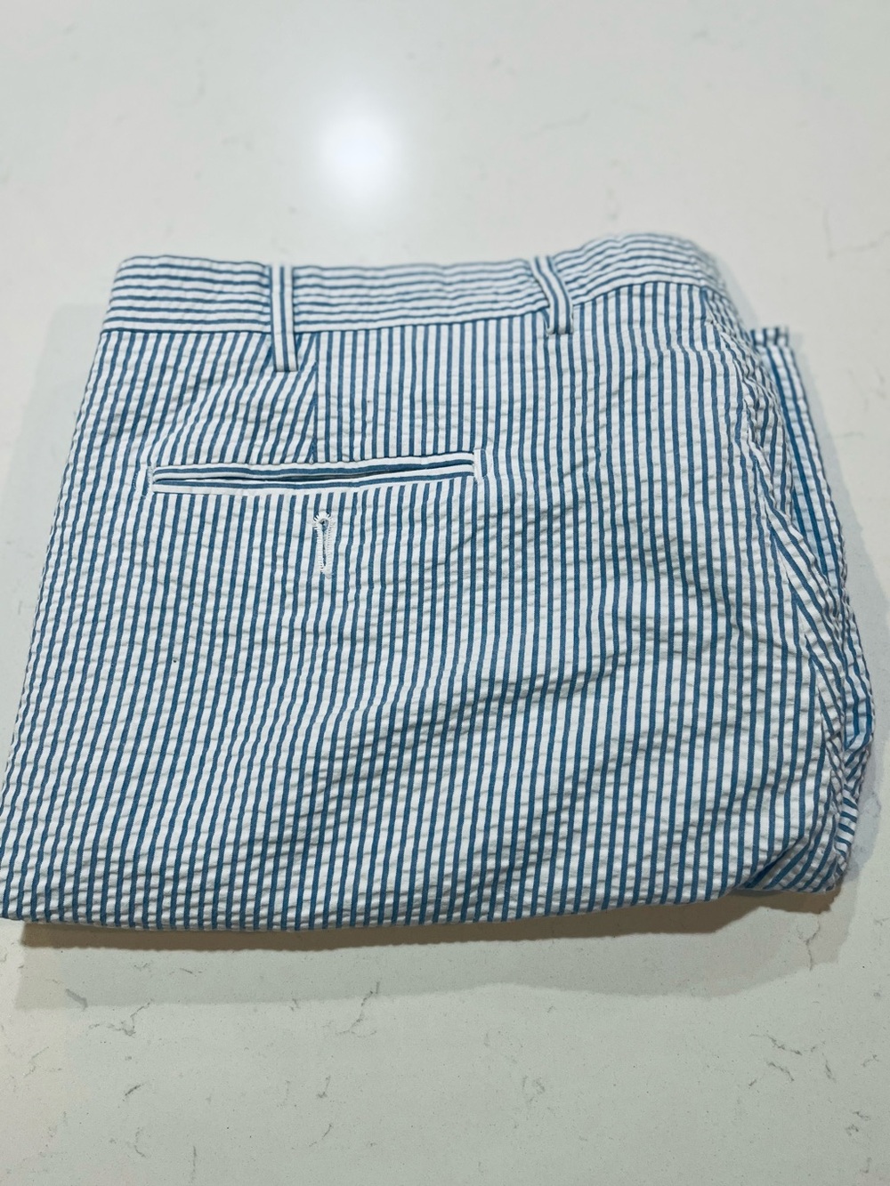 PAUL FREDRICK Men's Blue/White Seersucker Chino Shorts Exc Cond MSRP $129 44W